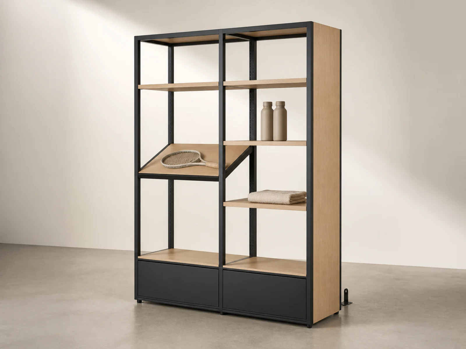 Offenes modulares Regalsystem aus geölter Eiche und schwarzem Stahl